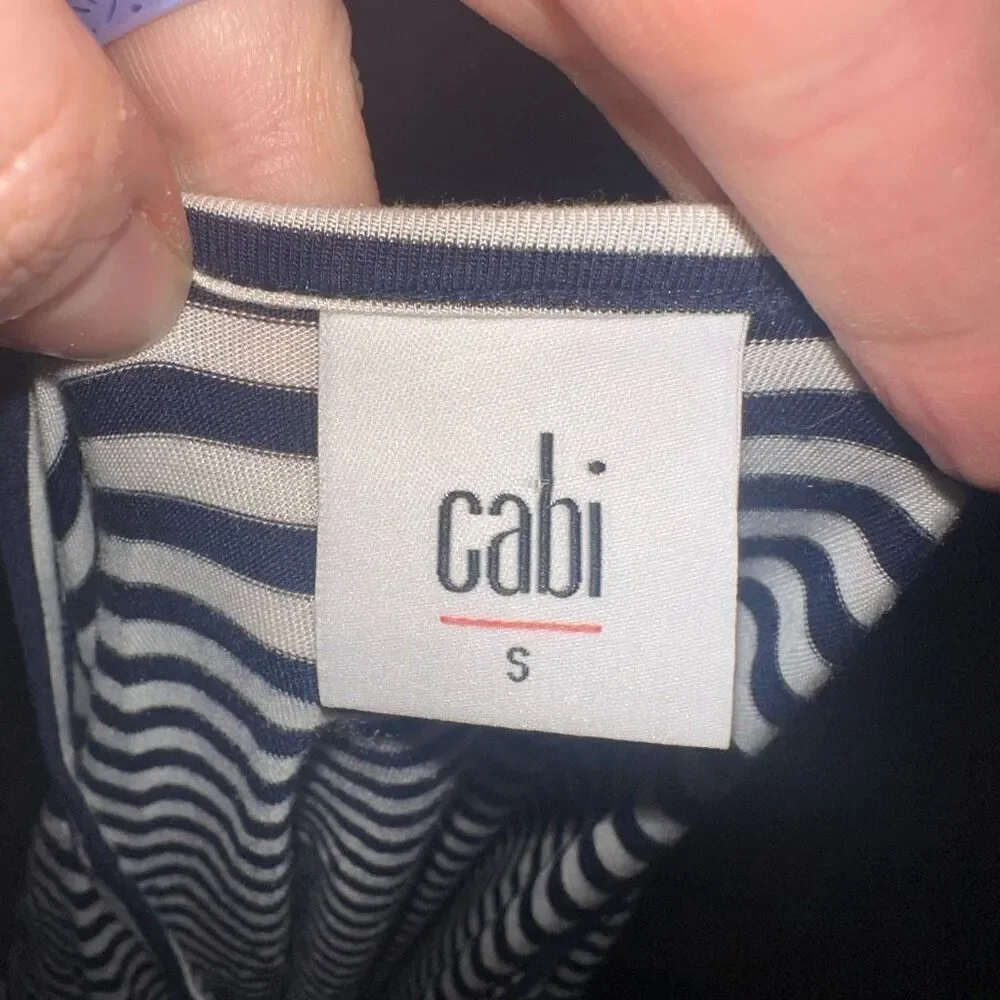 CAbi S boat stripe nautical asymmetrical hem knit top